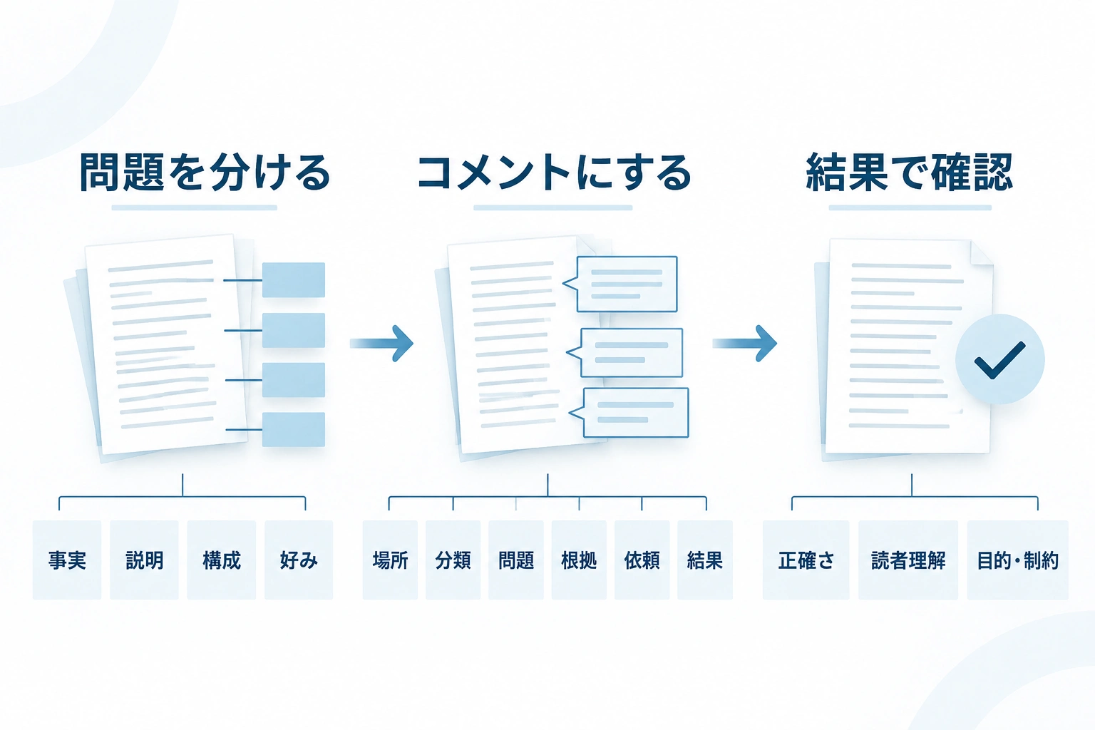 問題の4分類、修正コメントの6項目、返却原稿の確認軸を順に示したフロー図