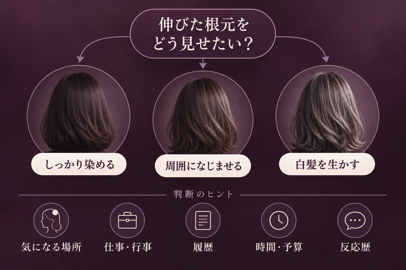伸びた根元の見せ方から、しっかり染める、周囲になじませる、白髪を生かす髪色へ移るという3方向を選び、履歴や時間・予算を確認する図。