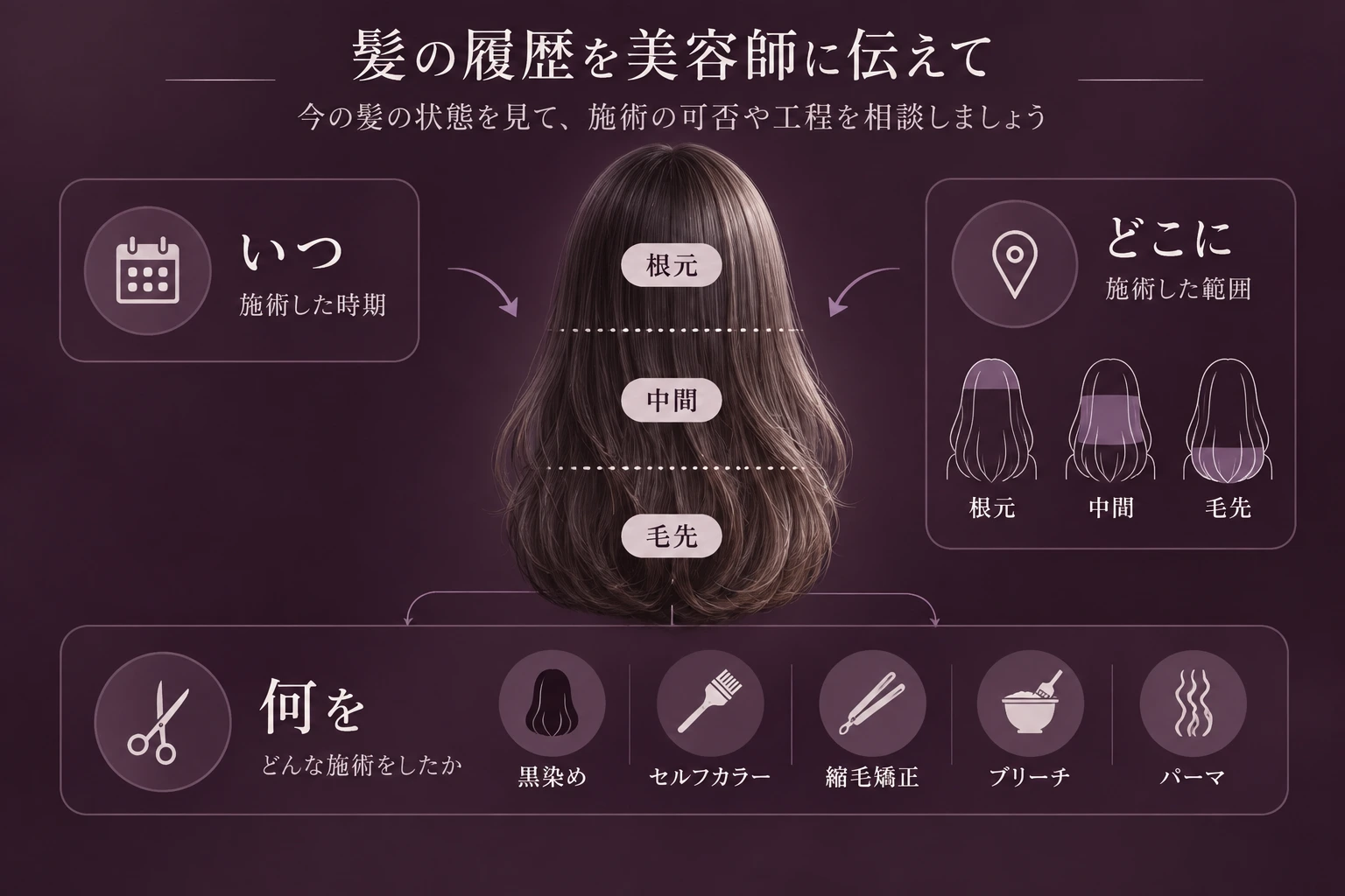 髪の根元、中間、毛先ごとに、いつ、どこに、何の施術をしたかを美容師へ伝えるための履歴整理図。