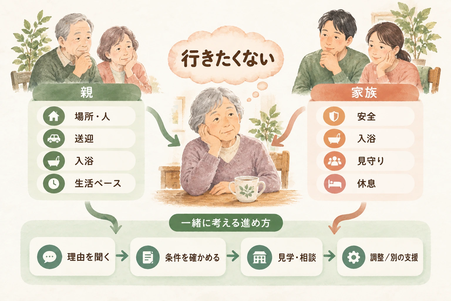 親の行きたくない理由と家族の事情を確認し、見学・相談・調整や別の支援へ進む流れを示す図。