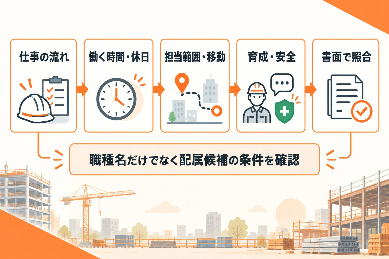 施工管理職への応募前に、仕事の流れ、働く時間・休日、担当範囲・移動、育成・安全、書面で照合の順に確認する判断マップ。