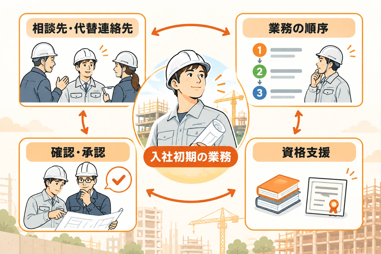 入社初期の業務を中心に、相談先、業務の順序、確認・承認、資格支援を結んだ未経験者支援の確認図。