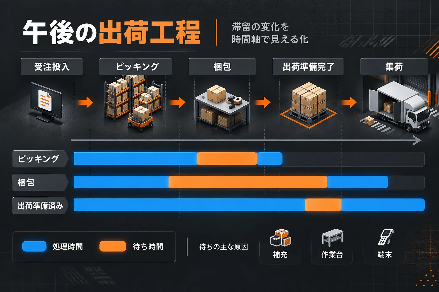 受注投入から集荷までの流れと、ピッキング・梱包の処理時間と待ち時間を時間軸に並べた図。