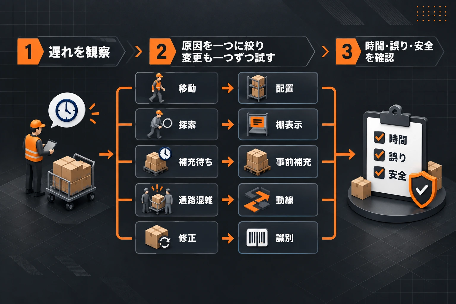 ピッキングの遅れを観察し、移動、探索、補充待ちなどの原因ごとに改善を一つ試し、時間・誤り・安全を確かめる3段階の流れ図。
