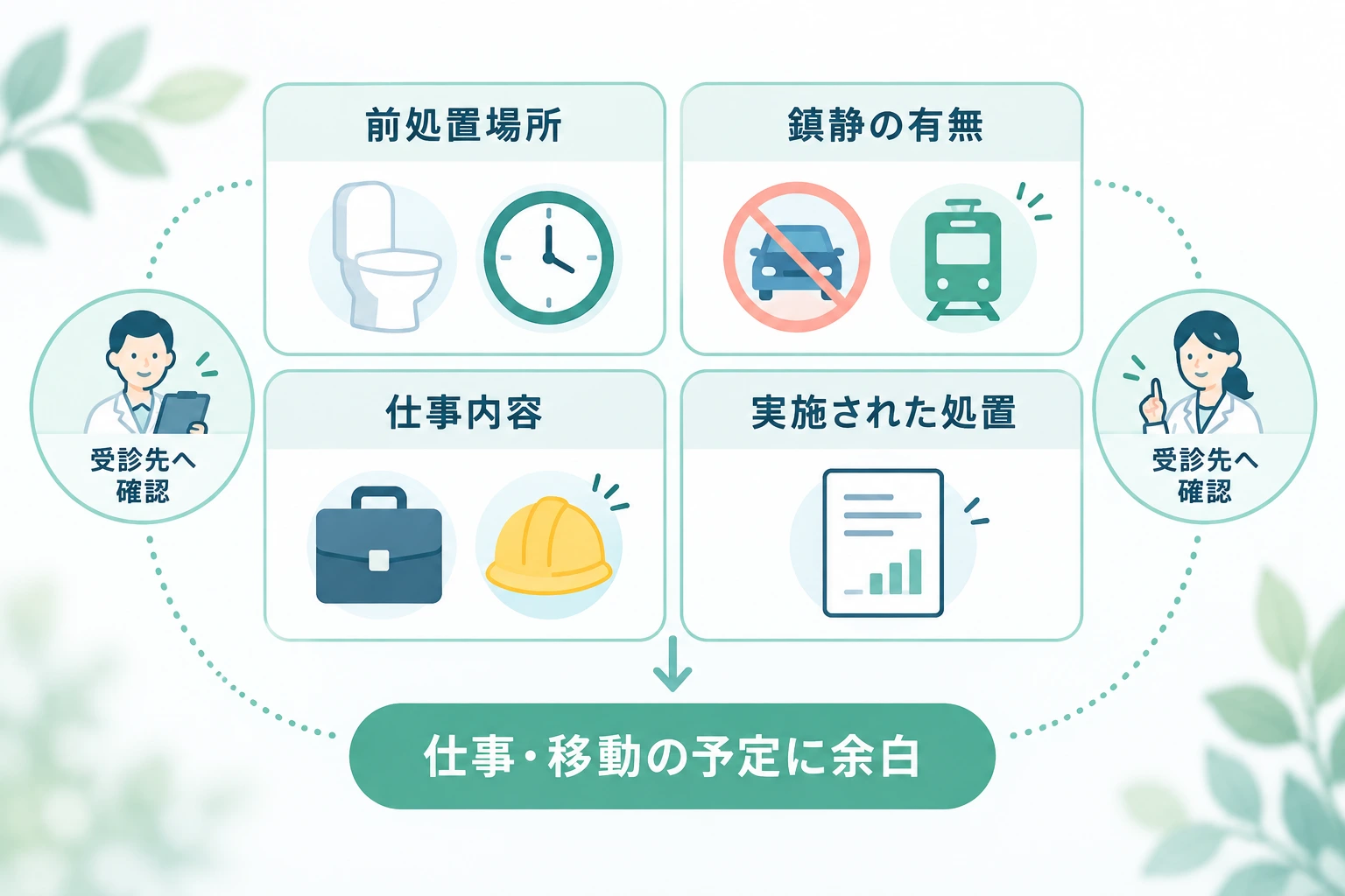 前処置場所、鎮静の有無、仕事内容、実施された処置の4軸から、仕事と移動の予定に余白を持たせる考え方を示す図。